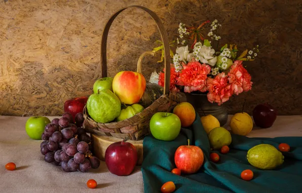 Картинка цветы, яблоки, букет, виноград, тыква, фрукты, натюрморт, овощи, груши, flowers, fruit, grapes, still life, vegetable
