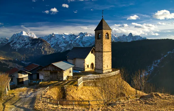 Картинка зима, пейзаж, горы, природа, Италия, церковь, Доломиты