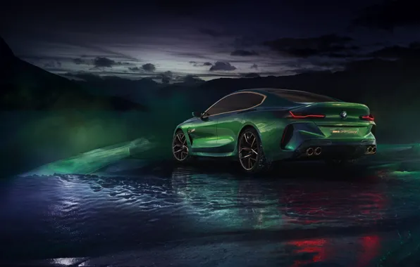 Картинка зима, купе, BMW, сзади, сбоку, 2018, M8 Gran Coupe Concept