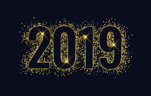 Картинка золото, Новый Год, цифры, golden, черный фон, black, background, New Year, Happy, sparkle, glitter, 2019