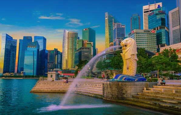 Картинка небо, город, люди, здания, лев, небоскребы, вечер, лестница, Сингапур, ступени, фонтан, скульптура, набережная, мегаполис, высотки, …