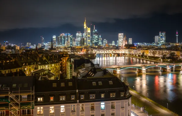 Картинка мост, огни, река, вечер, Германия, Франкфурт-на-Майне