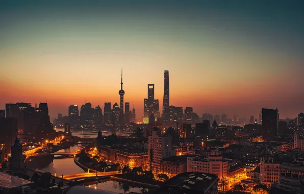 Картинка city, lights, China, Shanghai, twilight, river, sky, sea, sunset, water, night, evening, bridges, buildings, architecture, …