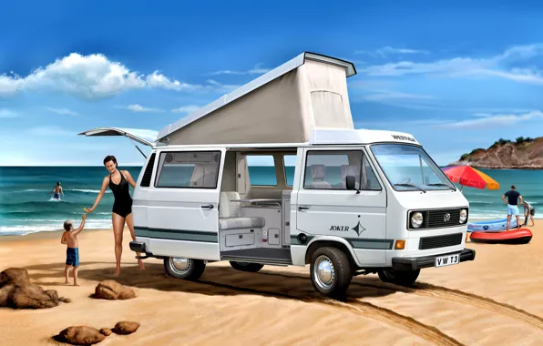 Картинка Пляж, Девушка, Камни, Ребёнок, Volkswagen T3, Camper