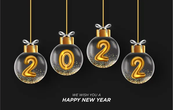 Картинка золото, шары, цифры, Новый год, glass, golden, черный фон, new year, happy, balls, decoration, sparkling, …