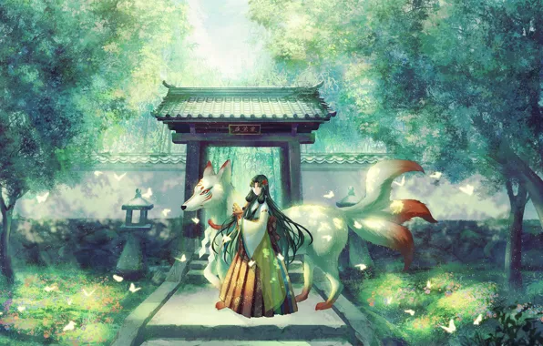 Картинка бабочки, парк, Япония, дорожка, храм, жрица, кицунэ, демон-лис, девятихвостая лиса, ворота тории