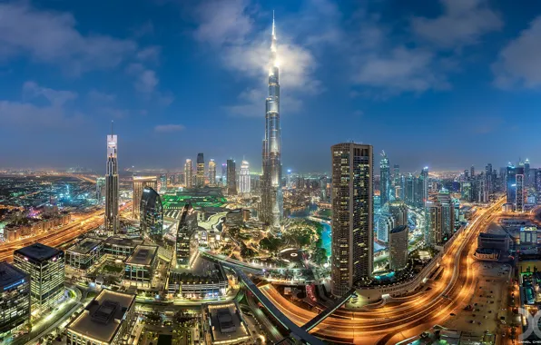 Картинка здания, дороги, дома, панорама, Дубай, ночной город, Dubai, небоскрёбы, ОАЭ, Бурдж-Халифа, Burj Khalifa, UAE