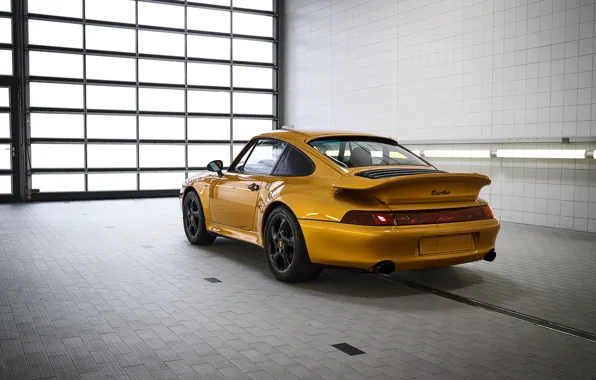 Картинка жёлтый, Porsche, кузов, вид сзади, 993, 911 Turbo