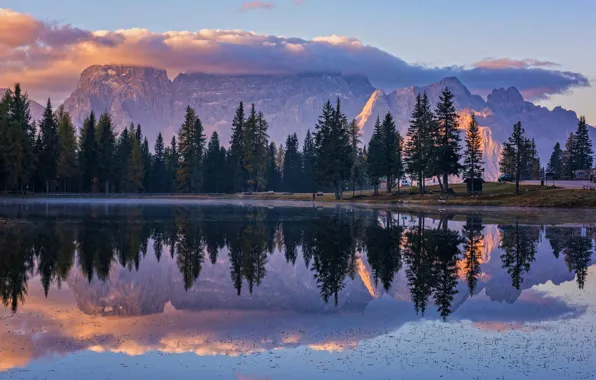 Картинка облака, деревья, горы, природа, озеро, отражение, утро, Csilla Zelko