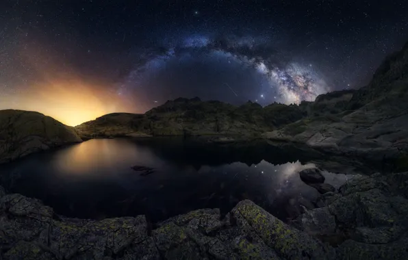 Картинка горы, озеро, отражение, метеор, Млечный Путь, mountains, lake, reflection, milky way, meteor, Antonio Prado Pérez