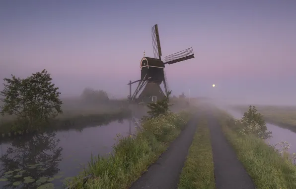 Картинка Holland, Windmill, Full Moon, Streefkerk, Broekmolen