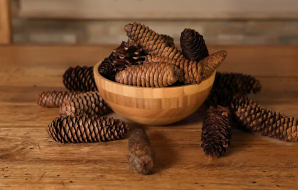 Картинка pine cones, table top, wood table, wood bowl