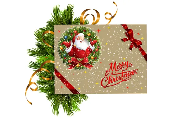Картинка праздник, Рождество, лента, белый фон, Новый год, Санта Клаус, Дед Мороз, хвоя, бантик, поздравление, открытка