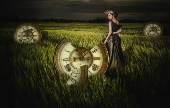 Картинка поле, трава, девушка, часы, фотоарт
