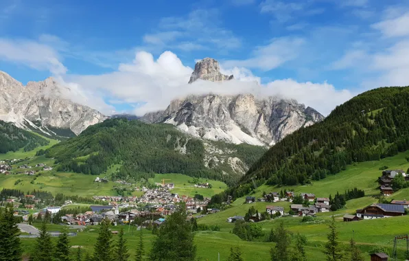 Картинка Italy, View, Mountains in Background, Dolomite Alps, Campolongo, Corvara