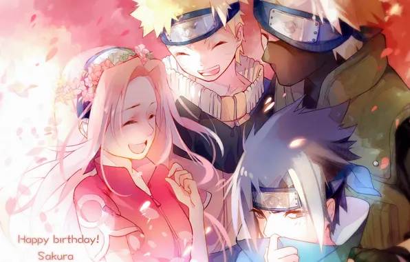 Картинка команда, Naruto, друзья, венок, улыбки, ниндзи, розовые волосы, Sasuke Uchiha, Sakura Haruno, Naruto Uzumaki, Hatake …