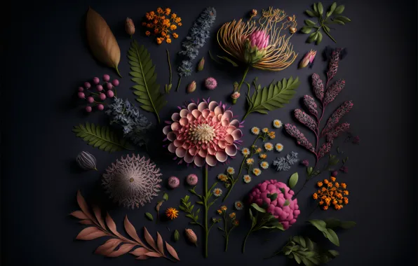 Картинка листья, цветы, dark, натюрморт, flowers, background, leaves, still life, композиция, composition, floral, цветочная