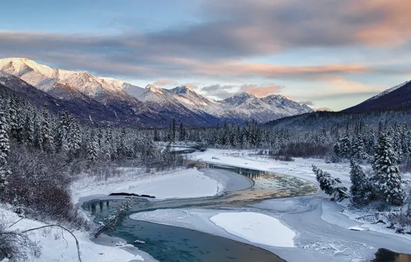Картинка зима, лес, небо, облака, снег, деревья, горы, природа, река, скалы, лёд, Аляска, США