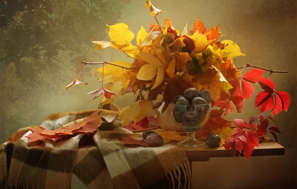 Картинка листья, ветки, ягоды, шарф, фрукты, натюрморт, сливы, столик, вазочка, креманка, Ковалёва Светлана
