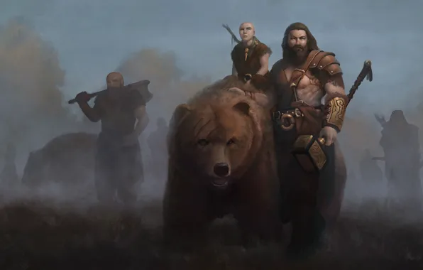 Картинка фон, фантастика, медведь, арт, мужчина