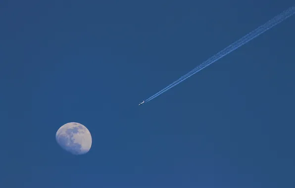 Картинка Луна, moon, jet, реактивный самолет, инверсионный след, Isabel Guzman, contrail
