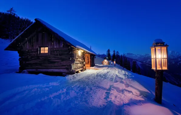 Картинка зима, снег, ночь, фонарь, light, house, landscape, night, winter, snow