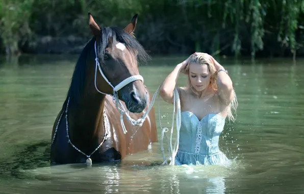 Картинка вода, деревья, лошадь, блондинка, белое платье, trees, красивая девушка, water, очарование, horse, beautiful girl, blonde, …