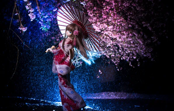 Картинка ночь, зонтик, японка, кукла, сакура, кимоно
