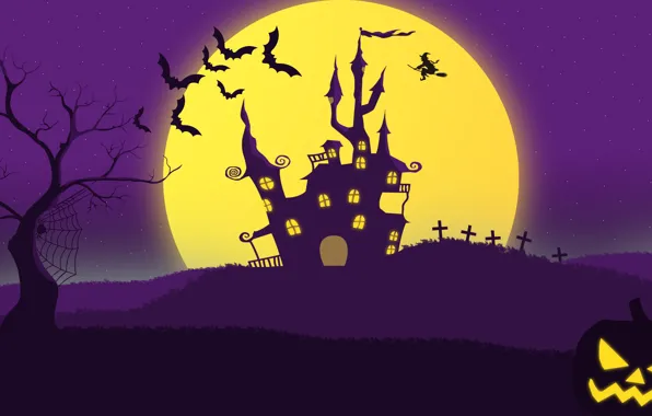 Картинка поле, туман, могилы, крест, паутина, паук, тыква, ведьма, летучие мыши, хэллоуин, тыква джек, страшное здание, …