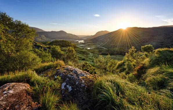 Картинка солнце, горы, камни, Ирландия