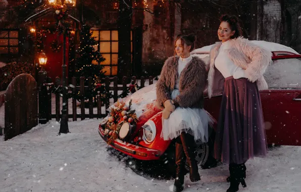 Картинка машина, авто, снег, поза, девушки, настроение, забор, Рождество, Новый год, ёлка, парочка, by Альбина Пономарева, …