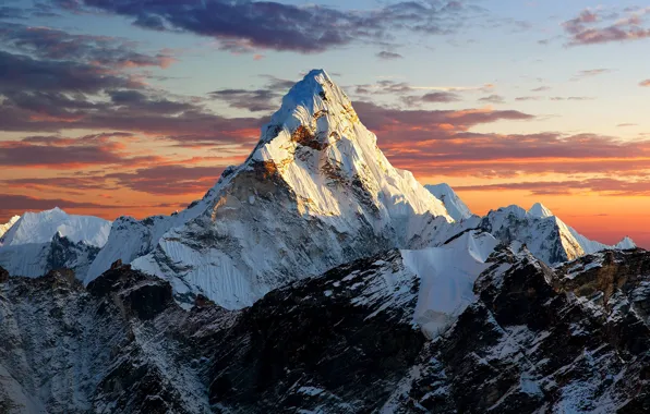 Картинка sky, landscape, nature, sunset, clouds, mountain, rocks, snow, Everest, Nepal, snowy peaks, far view