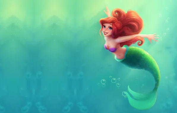Картинка море, вода, мультфильм, сказка, арт, принцесса, sea, Ariel, Ариэль, русалочка, Little mermaid, детска, Ulyana Konichenkova