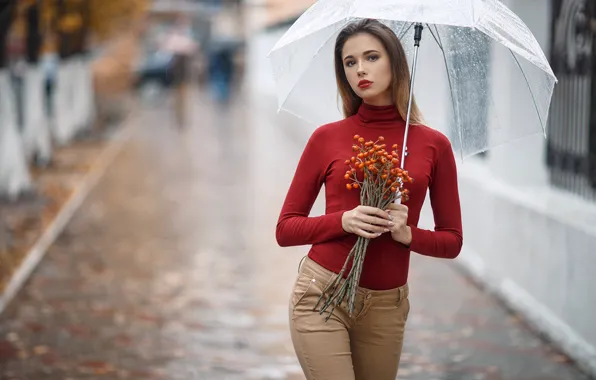 Картинка взгляд, дождь, улица, Девушка, зонт, фигура, Сергей Сорокин