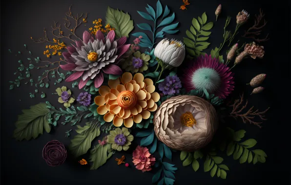 Картинка листья, цветы, dark, натюрморт, flowers, background, leaves, still life, композиция, composition, floral, цветочная