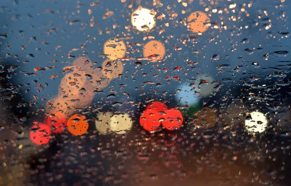 Картинка стекло, вода, капли, lights, огни, дождь, rain, night, bokeh, window, drops