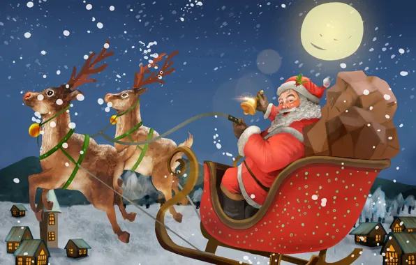 Картинка Зима, Ночь, Луна, Рождество, Новый год, Санта Клаус, Олени, Колокольчик, Сани, Развозит подарки
