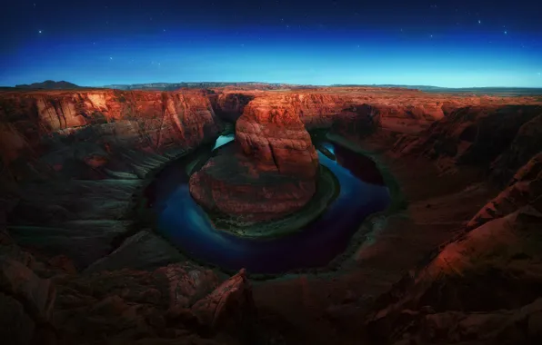 Картинка небо, звезды, ночь, река, Колорадо, Аризона, США, каньон Глен, Подкова, Horseshoe Bend, меандр, Glen Canyon …