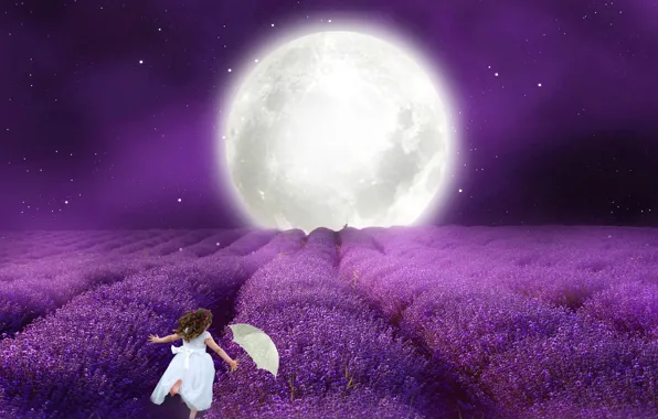 Картинка ночь, зонтик, Луна, белое платье, маленькая девочка, лавандовое поде