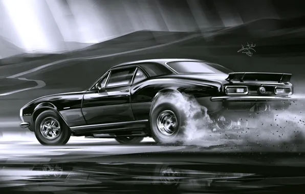 Картинка Car, Art, Black, Smoke, Sketch, Aleksandr Sidelnikov, Chevrolet Camaro SS 1969