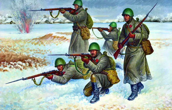 Картинка Зима, Солдаты, СССР, Винтовка Мосина, Красная Армия, WWII