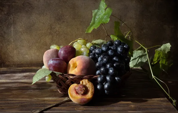 Картинка виноград, фрукты, натюрморт, персики, сливы