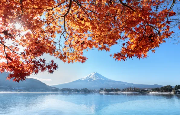 Картинка осень, небо, листья, colorful, Япония, Japan, red, клен, гора Фуджи, landscape, autumn, leaves, осенние, maple, …