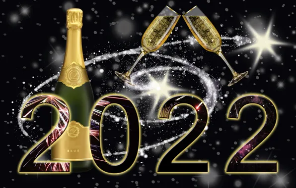 Картинка Бутылка, Салют, Новый год, Чёрный фон, Фейерверк, Бакалы, Шампанское, 2022