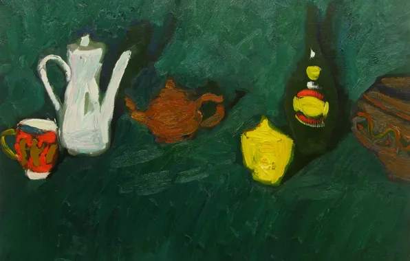 Картинка лимон, бутылка, 2008, чайник, кружка, натюрморт, тёмно-зеленый фон, Петяев