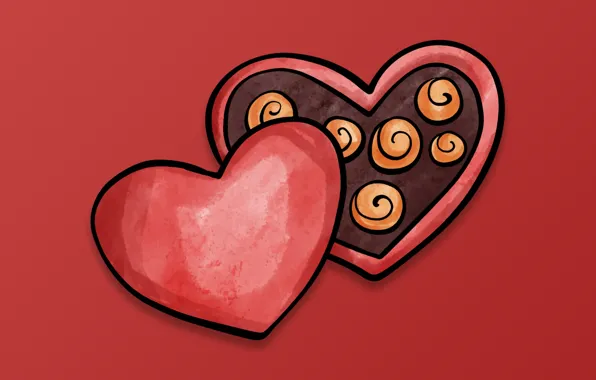 Картинка box, minimalism, heart, Valentine's Day, digital art, artwork, simple background, red background, chocolates