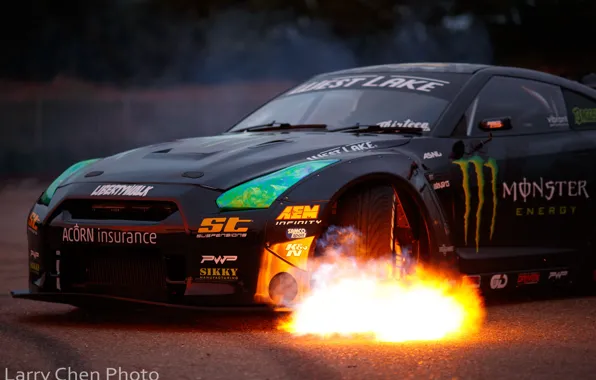Картинка огонь, пламя, Nissan, GT-R, drift, Monster Energy, R35, Larry Chen