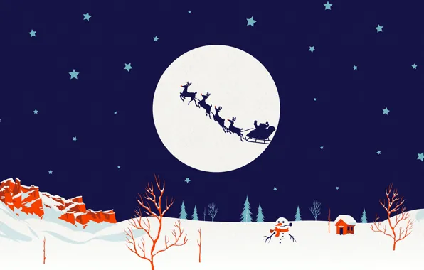 Картинка зима, луна, силуэт, Рождество, Санта, снеговик, сани, олени