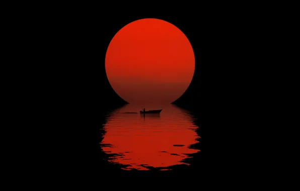 Картинка солнце, ночь, отражение, лодка, силуэт, черный фон, night, sun, reflection, boat, black background, silhouette, красный …