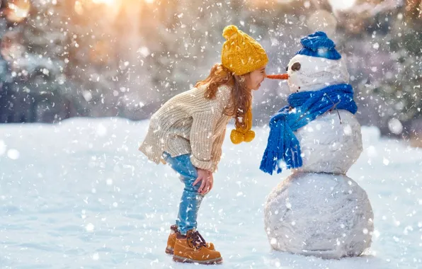 Картинка радость, Природа, Синий, Оранжевый, Девочка, Новый год, ребёнок, nature, Day, Snow, child, Happy, Happy new …